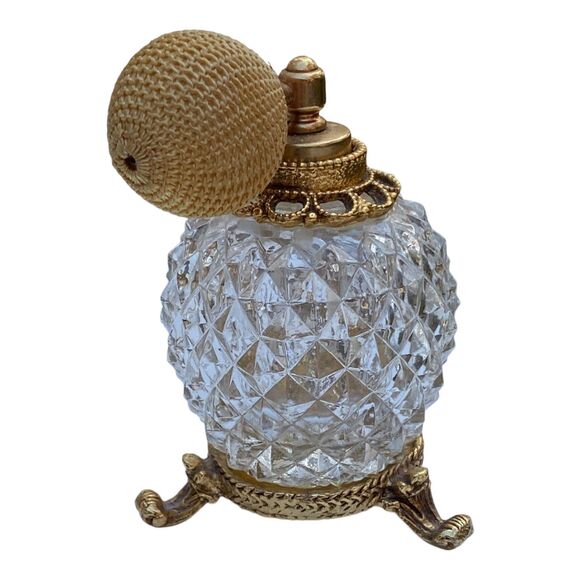 Vtg Atomizer Perfume Bottle Ormolu Gold tone vanity Clear Diamond Pattern - Picture 3 of 8